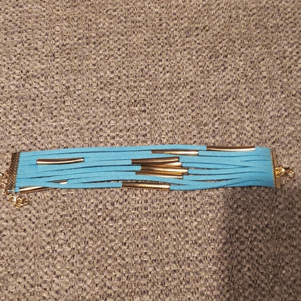 Silver and Teal Leather Bracelet